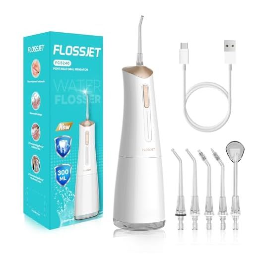 FlossJet Irrigador Dental Inalámbrico Irrigador Bucal Portatil 300ML Water Flosser Limpiador Dientes Agua Presion con 5 Boquillas 4 Modos IPX7 Impermeable USB Recargable Para Casa y de Viaje(Blanco)
