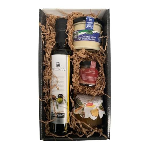 Cesta de productos gourmet con aceite de oliva virgen extra 250 ml en vidrio, Crema de queso, paté ibérico DELIEX en formato de 30 g y mermelada