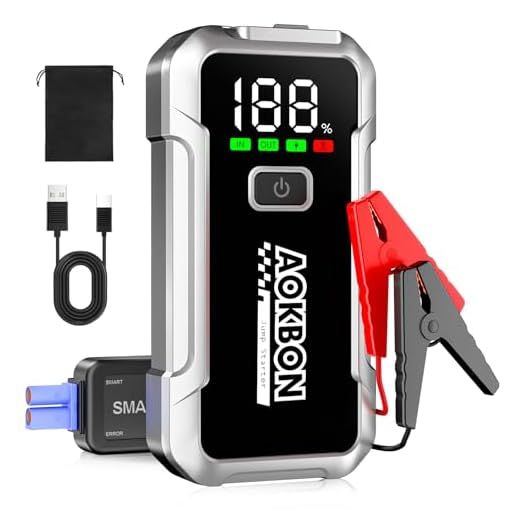 AOKBON Arrancador de Coches 4000A 12V Arrancador de batería para 8L de Gasolina o 6L de Diésel Booster con Pantalla LCD Grande Clips de Seguridad Inteligentes Carga USB y Luz LED