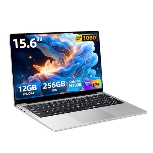 Ordenador Portátil 15,6 Pulgadas, 12 GB RAM LPDDR4 256 GB SSD Celeron N4000 procesador Laptop, PC Portátil con pantalla FHD 1080p, rotación de 180°, USB 3.0, mini HDMI, ranura para tarjeta TF, WiFi