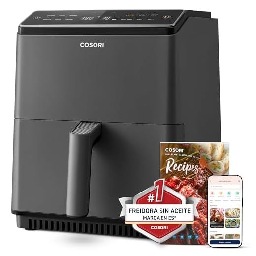Cosori Freidora de Aire Wifi 6,4 L, Air Fryer con Doble Resistencia, 60+ Recetas de App Creadas por Chef en Español, Freidora sin Aceite con 12 Programas, Gris Oscuro, Dual Blaze