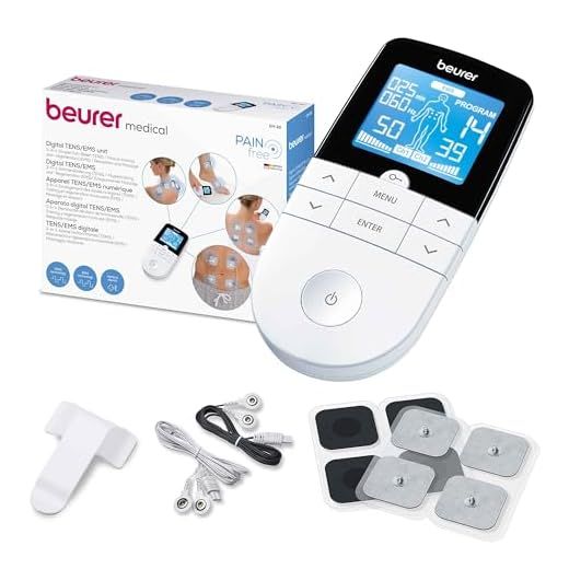 Beurer EM 49 TENS/EMS digital, dispositivo de corriente de estimulación 3 en 1 para el alivio del dolor y entrenamiento, función de masaje, incluye 4 electrodos, Color Blanco
