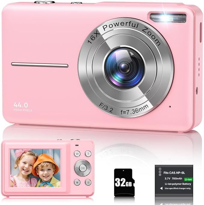 Cámara Digital 1080P Cámara de Fotos 44MP Camara Fotos Digital Cámara Digital Compacta con Zoom Digital 16X, Pantalla LCD de 2,4", Tarjeta de Memoria de 32G, 1 Batería para niños, Adolescentes