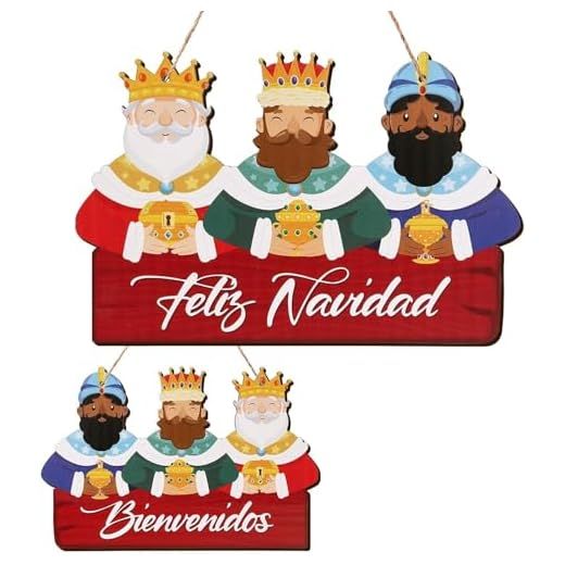 LEMESO Letrero Colgante de Navidad para Puerta 30 x 20 cm con Forma de Reyes Magos, Cartel de Madera Doble Cara para Entrada Decoración Navideña de Casa