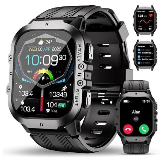 OUKITEL Reloj Inteligente Hombre Militar con Llamadas Bluetooth, Smartwatch Hombre Impermeable 5ATM con 120+ Deportivos, Relojes Digital Notificaciones de Mensajes/Oxímetro/Podómetro para Android/iOS