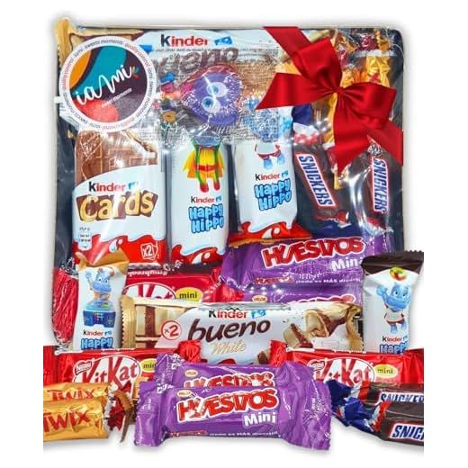 Cesta Regalo Chocolates Kinder, Kit Kat, Twix, Snickers - Bandeja Surtido 13 Chocolatinas Mini - Detalle para Celebraciones, San Valentín, Comunión