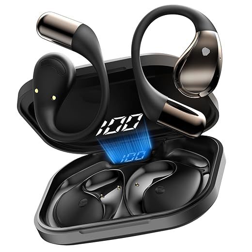 Auriculares inalambricos Deportivos, Cascos lnalámbricos Bluetooth V6.0 Hi-Fi Estéreo, Llamada ENC HD, 40H Auriculares Oreja Abierta con Gancho, IPX7 Impermeable Auriculares para Sport/Running, Negro