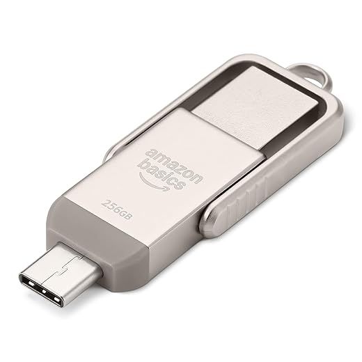 Amazon Basics Memoria USB, Memoria Portátil con Puertos USB C y USB A Duales, 256GB, Color Champán Plateado