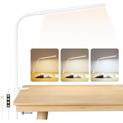 Lepro Lámpara Escritorio LED con Pinza, Flexo Escritorio Flexible 360°, Luz Lectura USB 54 LEDs 460LM, Regulable, 3 Modos Luz, 10 Nivel de Brillo, Lámpara Mesa para Oficina, Cabecera, Estudio, Blanco