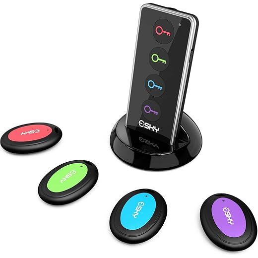 Esky Buscador Llaves, Localizador de Llaves 80dB Localizador Inalámbrico de Llaves con Base de Soporte y LED Control Remoto 1 Radio Frecuencia Transmisor 4 Receptores Negro