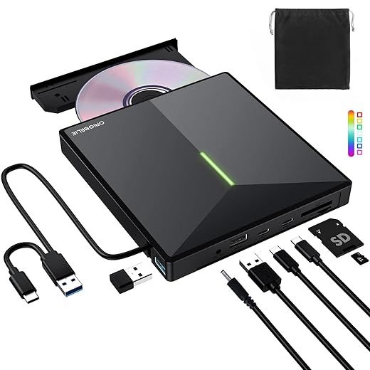 Grabadora CD DVD Externa con 4 Puertos USB y 2 Ranuras para Tarjetas TF/SD, USB 3.0 Portátil Lector CD Externo para Portatil, PC, Desktop, MacBook, Windows 11/10/8/7/Vista, Linux, Mac OS