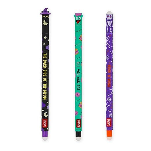 Legami - Set de bolígrafos borrables Halloween 2025, Set Erasable, The Boo Crew, Bolígrafos con tinta borrable termosensible, Negro, Violeta, Naranja, Borra sin gastar el papel