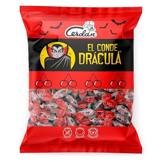 Caramelos Cerdán - Caramelos Halloween El Conde Drácula Sabor Cereza| Bolsa de 500 gr | Caramelo Duro sin Gluten ni Alérgenos | Ideal para Fiestas, Eventos y Cumpleaños