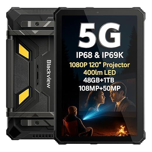 Blackview Active 12 Pro Tablet Resistente 5G, Proyector 1080P 120″, Batería 30000mAh, Luz de Camping 400lm, 48GB+1TB, 11″ FHD+, Android 15 IP68/IP69K Tablet, Dual SIM 5G, Cámara 108MP+50MP, NFC GPS