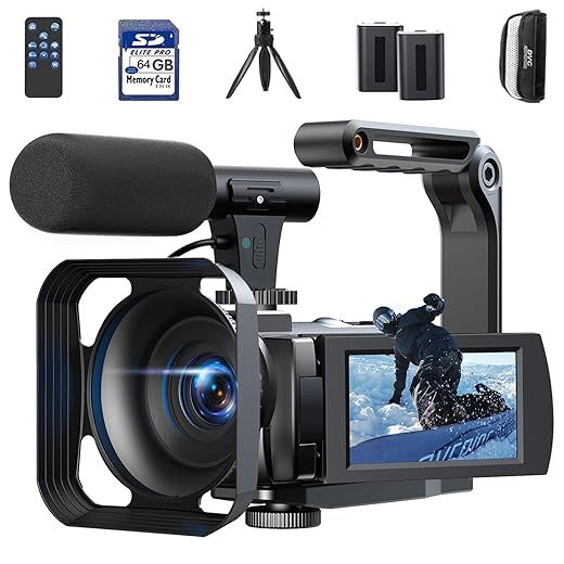Camara de Video 5K, 56MP WiFi Camara Vlog Youtuber, Digital Zoom 16X Pantalla táctil 3" IR Visión Nocturna Videocamara, Camcorder Video Camera con 2 Baterías, Tarjeta de 64 GB, Mando, Micrófono