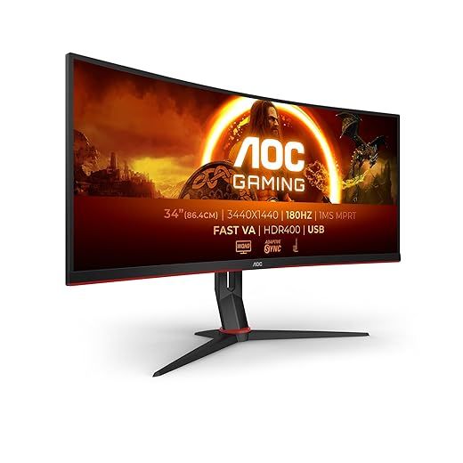 AOC Gaming CU34G2XPD - Monitor Curvo WQHD de 34 Pulgadas, 180Hz, Fast VA, 1ms GTG, FreeSync Premium, HDR400, Soporte de Altura Ajustable 3440x1440, HDMI, DisplayPort, USB Hub, 34 Pulgada WQHD Curvo