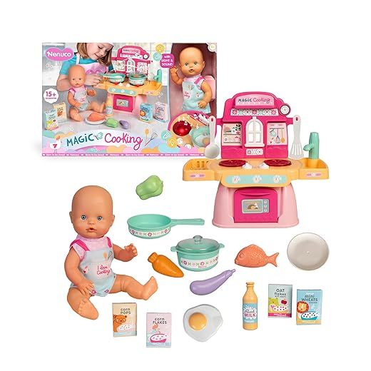 Nenuco - Cocinita Mágica, Muñeco de 30 cm con Cuerpo Duro, Incluye +10 Accesorios para Cocinar y Emplatar, Cocinita con Luces y Sonidos de Hervir y Freír, Delantal Personalizado, Famosa (NFNE3000)