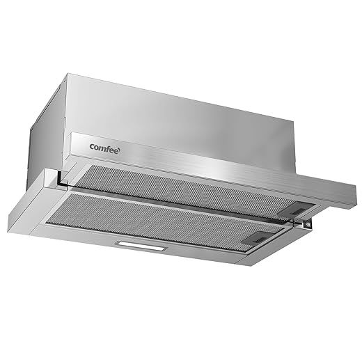 COMFEE' CHL03M21S Campana Extractora Telescópica Plana 60 cm, Clase A+, Sistema de Recirculación, 400 m³/h Flujo de Aire, Campana Extractora Integrada de Tipo Plano, Color Plateado