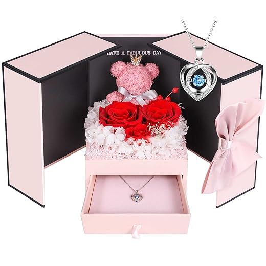 ADDWel San Valentin Regalos Mujer, Rosa Eterna con Collar de Plata 925 y Oso de Rosas, Regalo de Cumpleaños para Madre Novia Esposa Mama, Caja de Joyería Hipoalergénico