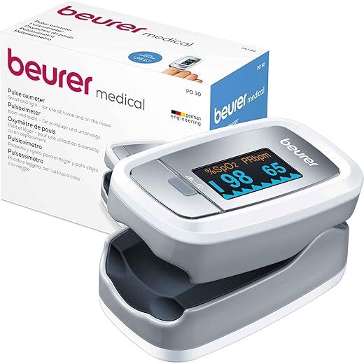 Beurer PO 30 Pulse Oximeter, SpO₂ and Heart Rate Measurement Finger Oximeter with Colour Display Painless Finger Application, 6 x 3.5 x 3.2 cm, White