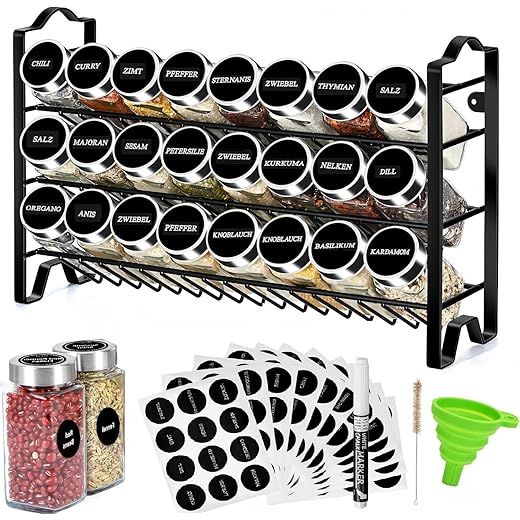 edihome, Especieros para Cocina, 24 botes para especias, Organizador con Estructura Metálica de 3 Niveles, con Etiquetas, con Tapas y Dosificadores individuales (Modelo 2)