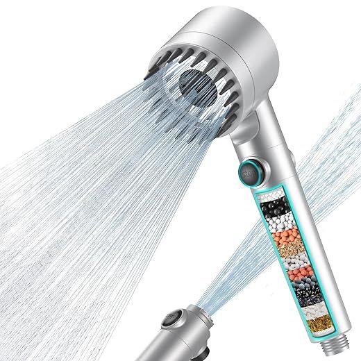 MEKO Alcachofa de Ducha con Filtro de 15 Pasos, Alcachofa Ducha Antical con Manguera de 1.5M, Filtro Ducha 3 +1 Modos de Rociado Cabezal de Ducha de Alta Presión - Plateado