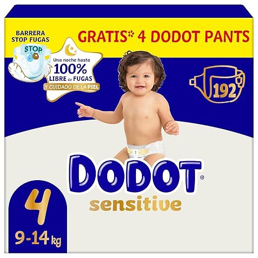 Dodot Pañales Bebé Sensitive, Talla 4 (9-14 kg), 192 Pañales + 4 Pants de Regalo, Hasta 12 h De Protección Antifugas y Cuidado de la Piel, Pack Mensual