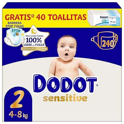 Dodot Pañales Bebé Sensitive, Talla 2 (4-8 kg), 240 Pañales + Regalo de 40 Toallitas Aqua Pure 99% Agua, Hasta 12 h De Protección Antifugas y Cuidado de la Piel, Pack Mensual