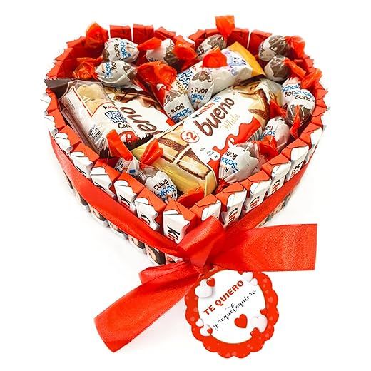 Onza Cesta San Valentín de Chocolates Kinder para regalar - Regalo original para Mujer, Hombre - Regalos originales para parejas - Corazón Chocolate Kinder Bueno Pack