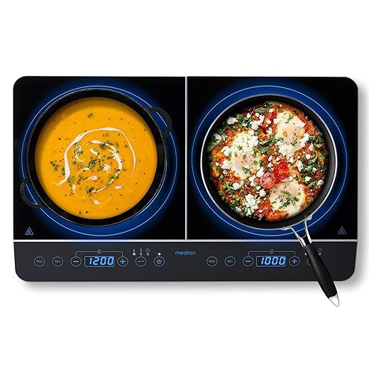 MEDION Placa de inducción doble con dos placas de cocción, 3500 vatios, 10 ajustes de temperatura, pantalla LED, MD 15324, negro