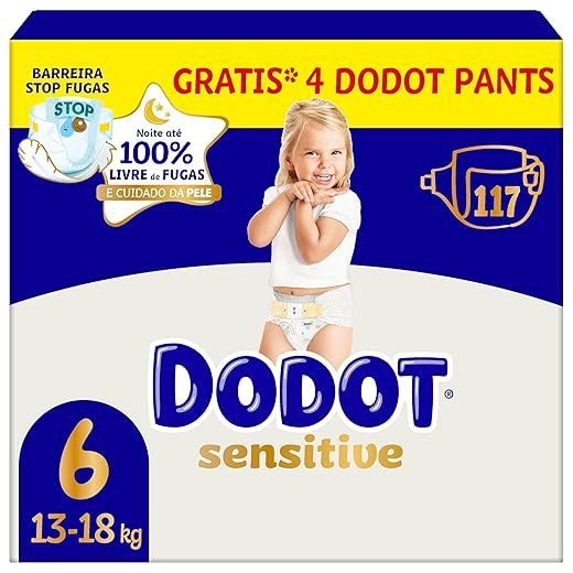 Dodot Pañales Bebé Sensitive, Talla 6 (+13 kg), 117 Pañales + 4 Pants de Regalo, Hasta 12 h De Protección Antifugas y Cuidado de la Piel, Pack Mensual