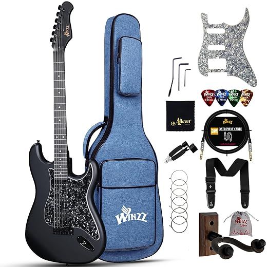 Winzz Guitarra Eléctrica Adulto 4/4 Tamaño Completo, Pastilla HSS, Guitarra Eléctrica ST para Principiantes Pack con 12 Accesorios, Electric Guitar Kit por 12+ Años (39" Negro Mate, Pickguard Negro)