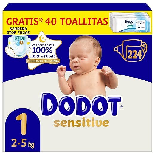 Dodot Pañales Bebé Sensitive, Talla 1 (2-5 kg), 224 Pañales + Regalo de 40 Toallitas Aqua Pure 99% Agua, Hasta 12 h De Protección Antifugas y Cuidado de la Piel, Pack Mensual