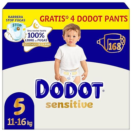Dodot Pañales Bebé Sensitive, Talla 5 (11-16 kg), 168 Pañales + 4 Pants de Regalo, Hasta 12 h De Protección Antifugas y Cuidado de la Piel, Pack Mensual