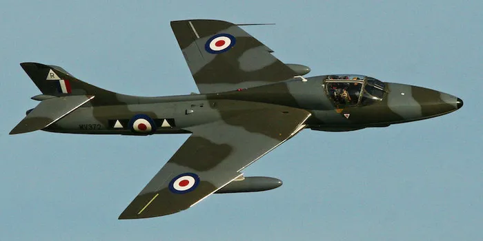 Crashed aircraft Hawker Hunter T7 'WV372 - R' (G-BXFI) displaying at Old Warden during the 2013 Autumn Airshow. Photo: Alan Wilson.