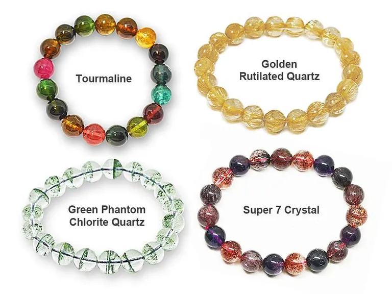 VillageSmith Gifts Singapore | Natural Crystal Bead Bracelets .1 1 Panel Bead Bracelets Tourmaline Golden Rutilated Quartz Green Phantom Chlorite Quartz Super 7 Crystal