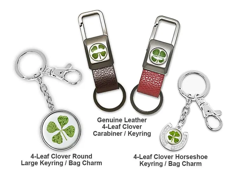 VillageSmith Gifts Singapore | 4-Leaf Clover (Carabiner, Horseshoe) 2 Cloverpanel 4 Leaf Clover Bag Charm Carabiner Horseshoe Leather Keyring