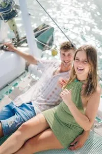 Couple onboard of Catamaran Scarlet luxury yacht trip in Koh Samui.