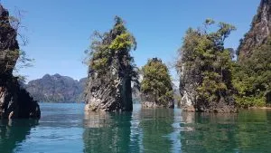 Rocky islets in the Cheow Lan Lake, Khao Sok National Park.