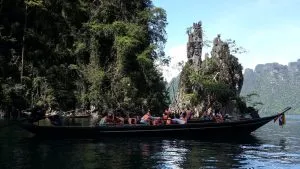 Tourists on the Rajjaprabha Dam in the Khao Sok National Park.
