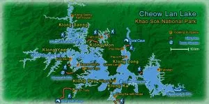Map of the Cheow Lan lake in the Khao Sok National Park.