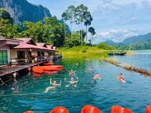 Swimming at the Cheow Lan lake in Khao Sok.