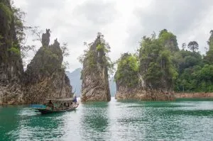 Rocky islets on the Cheow Lan Lake, Khao Sok National Park.