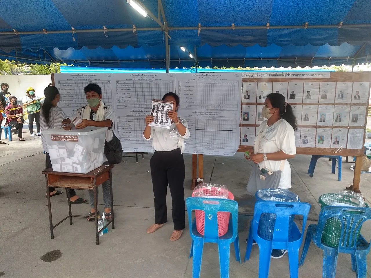 Ballot boxes at a polling station in Bangkok for the 2022 elections.