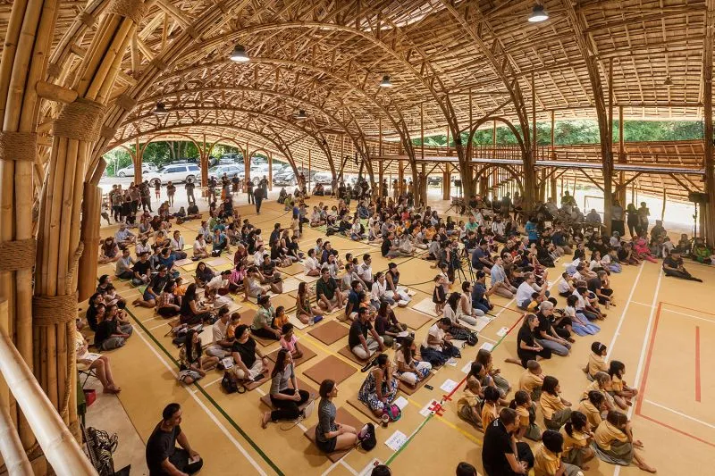 300 students inside the eco-friendly bamboo Sport Hall at Panyaden School, Chiang Mai