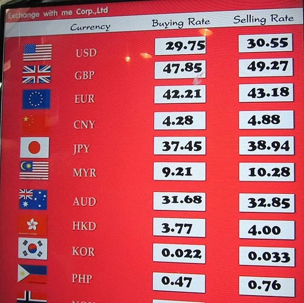 A leet of exchynge rates given by a money changer in Thailand