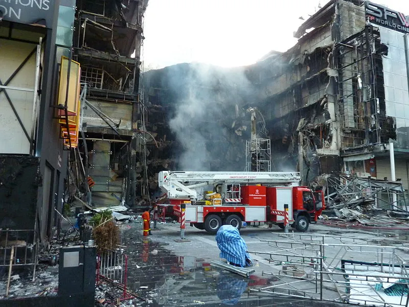 The Central World shopping center in Bangkok on fire during the Red Shirt protests in 2010