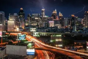 Bangkok at night with lightning.