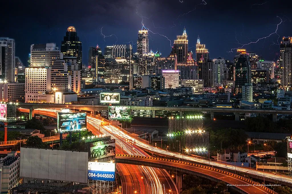 Bangkok at night with lightning.