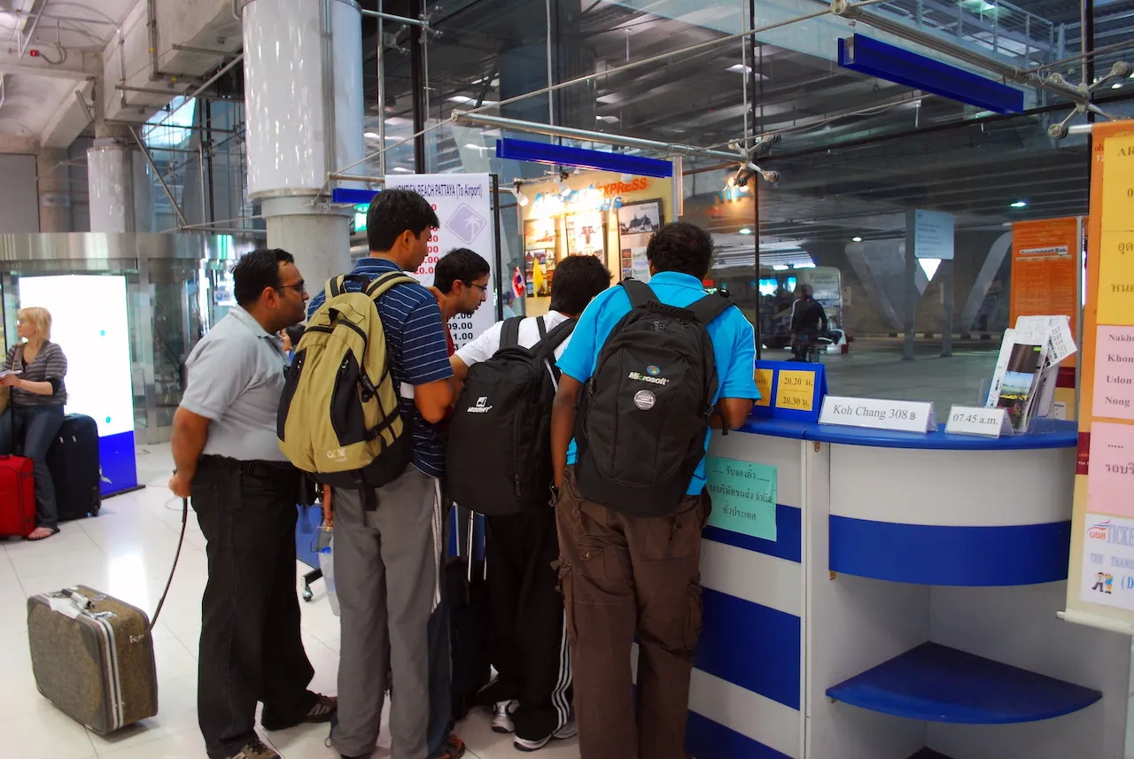 Bus ticket counter at a bus terminal in Thailand.